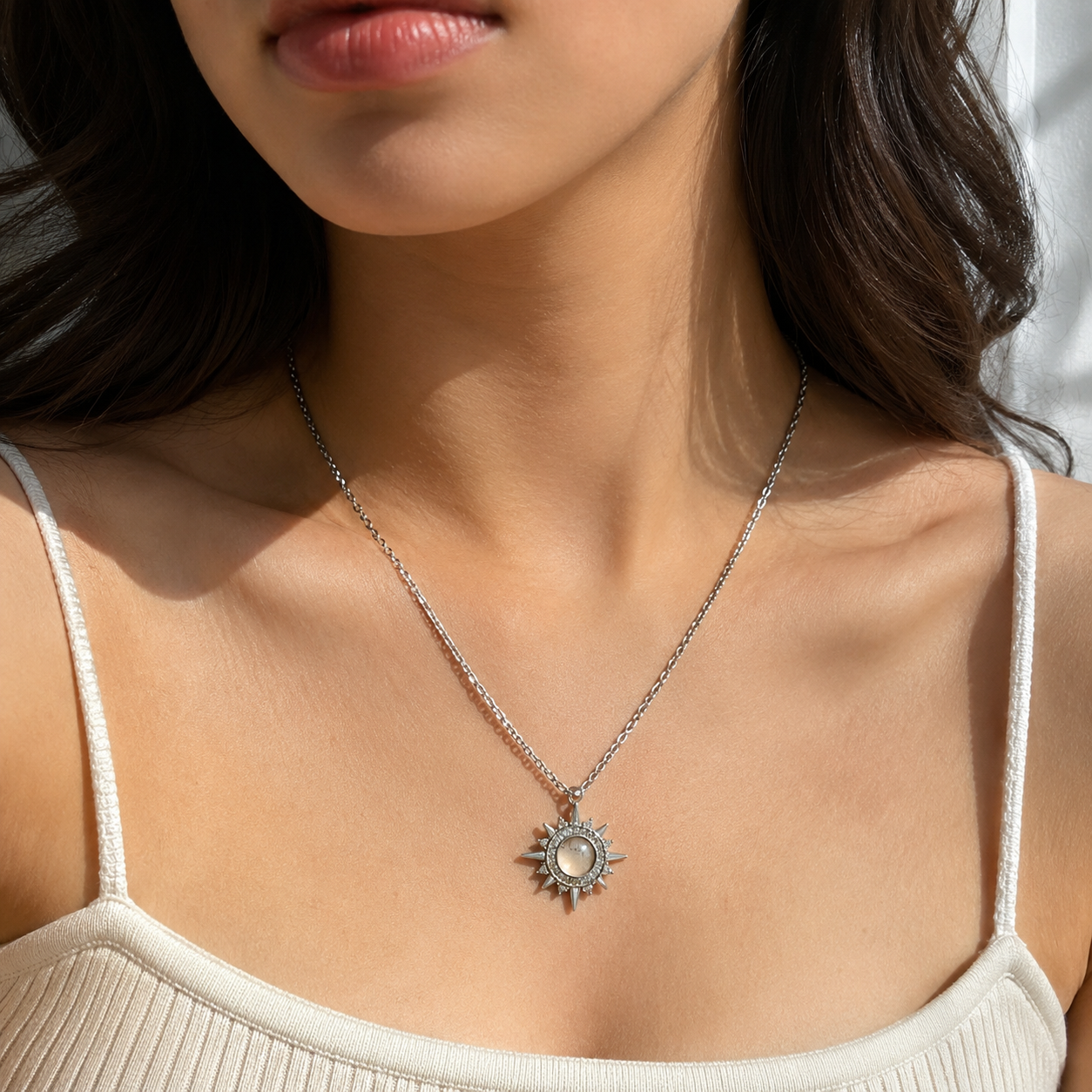 Celestial Radiance Silver-Tone Stainless Steel Sunburst Pendant Necklace for Women & Girls | Elegant Daily Wear, Party Wear and Gifting Jewellery