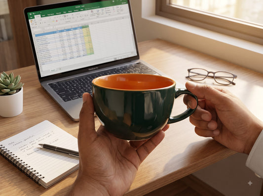 Ceramic Mug - Oversized Wide-Rim Coffee Cup (Deep Green & Orange)