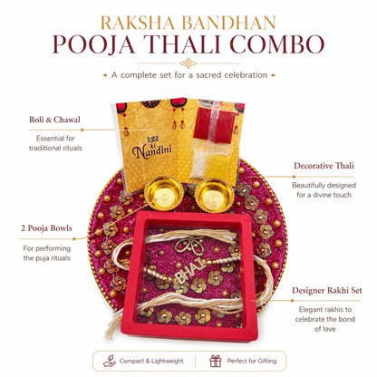Raksha Bandhan Designer BHAI Rakhi Gift Set with Decorative Pooja Thali, Roli, Chawal, Chandan and Mishri 2 Bowls & Gift Box