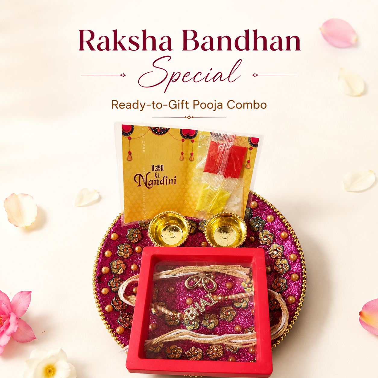 Raksha Bandhan Designer BHAI Rakhi Gift Set with Decorative Pooja Thali, Roli, Chawal, Chandan and Mishri 2 Bowls & Gift Box
