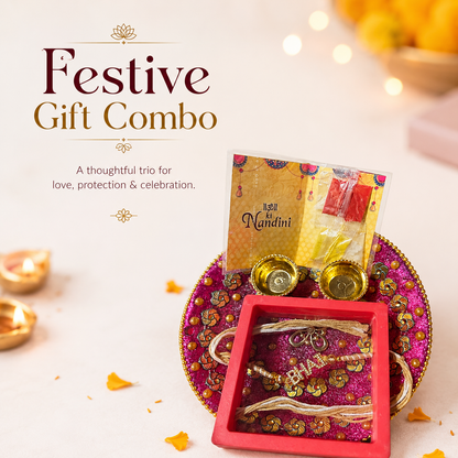 Raksha Bandhan Designer BHAI Rakhi Gift Set with Decorative Pooja Thali, Roli, Chawal, Chandan and Mishri 2 Bowls & Gift Box