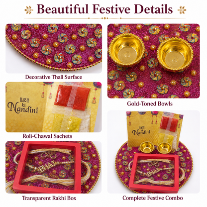 Raksha Bandhan Designer BHAI Rakhi Gift Set with Decorative Pooja Thali, Roli, Chawal, Chandan and Mishri 2 Bowls & Gift Box