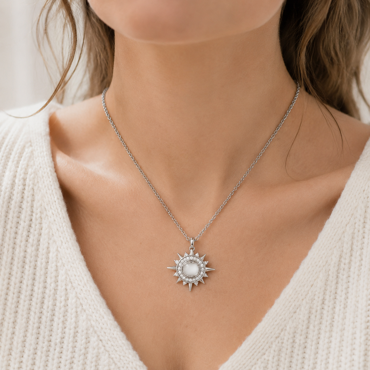 Celestial Radiance Silver-Tone Stainless Steel Sunburst Pendant Necklace for Women & Girls | Elegant Daily Wear, Party Wear and Gifting Jewellery