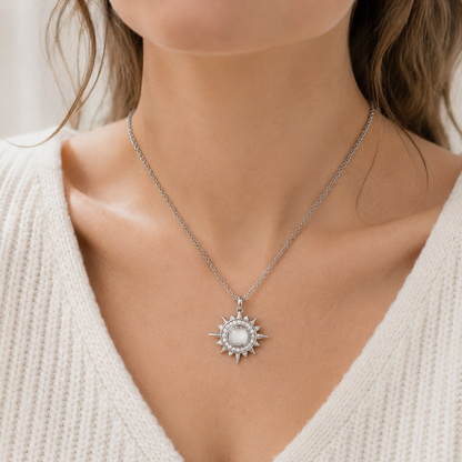 Celestial Radiance Silver-Tone Stainless Steel Sunburst Pendant Necklace for Women & Girls | Elegant Daily Wear, Party Wear and Gifting Jewellery