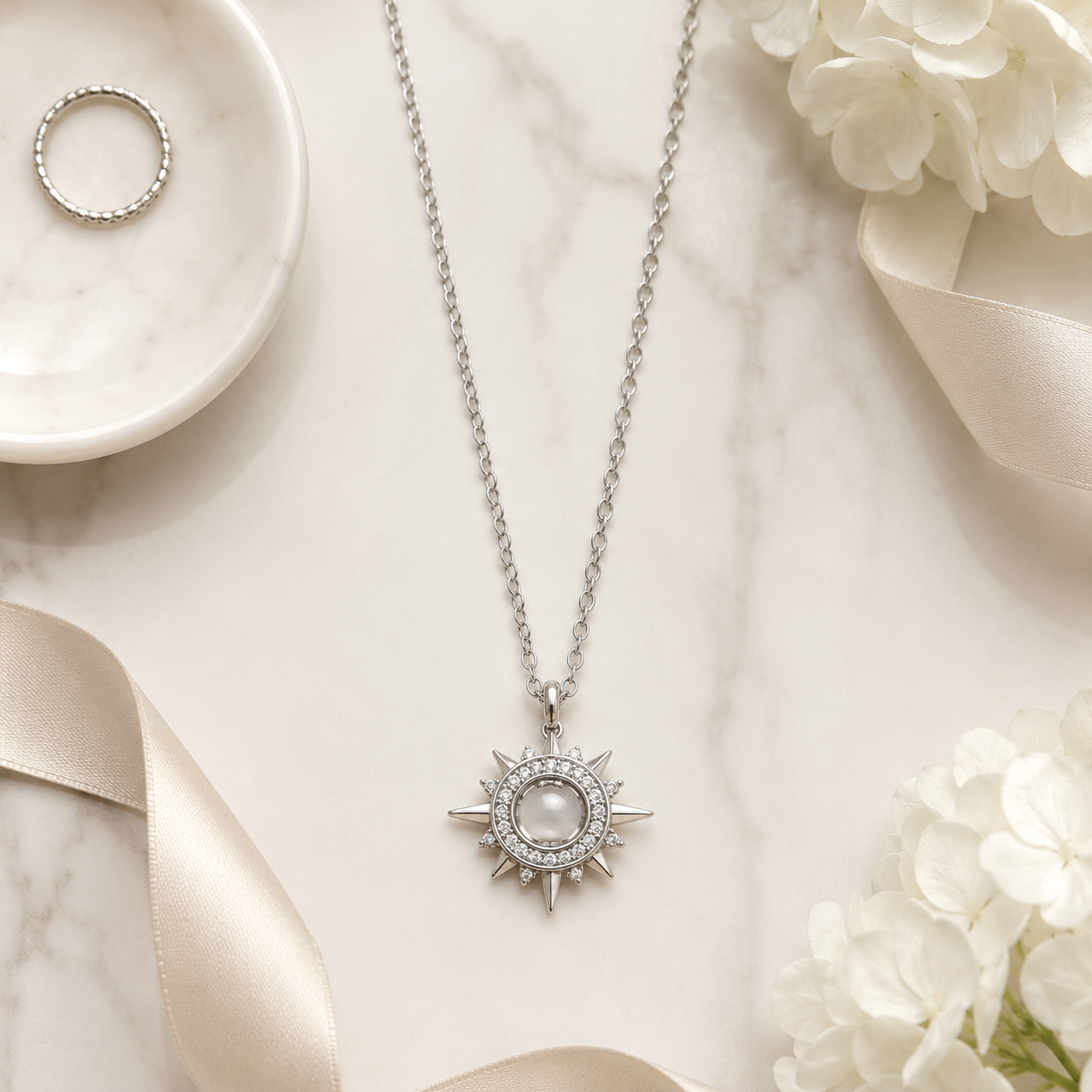 Celestial Radiance Silver-Tone Stainless Steel Sunburst Pendant Necklace for Women & Girls | Elegant Daily Wear, Party Wear and Gifting Jewellery