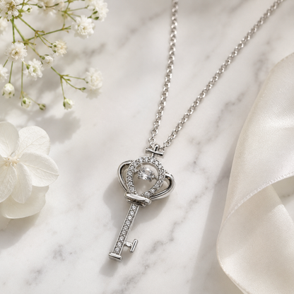 Royal Key of Love Crystal Crown Pendant Necklace for Women & Girls | Silver-Tone Stainless Steel Heart Key Chain for Daily Wear, Party Wear & Gifting