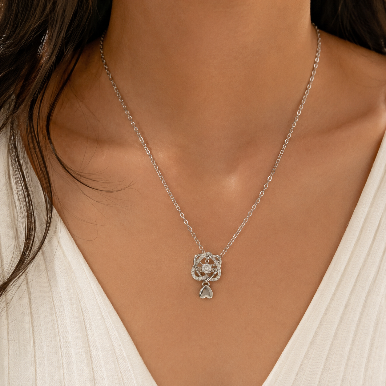 Eternal Spark Crystal Love-Knot Heart Pendant Necklace for Women & Girls | Premium Silver-Tone Stainless Steel Statement Jewellery for Daily Wear, Party Wear & Gifting