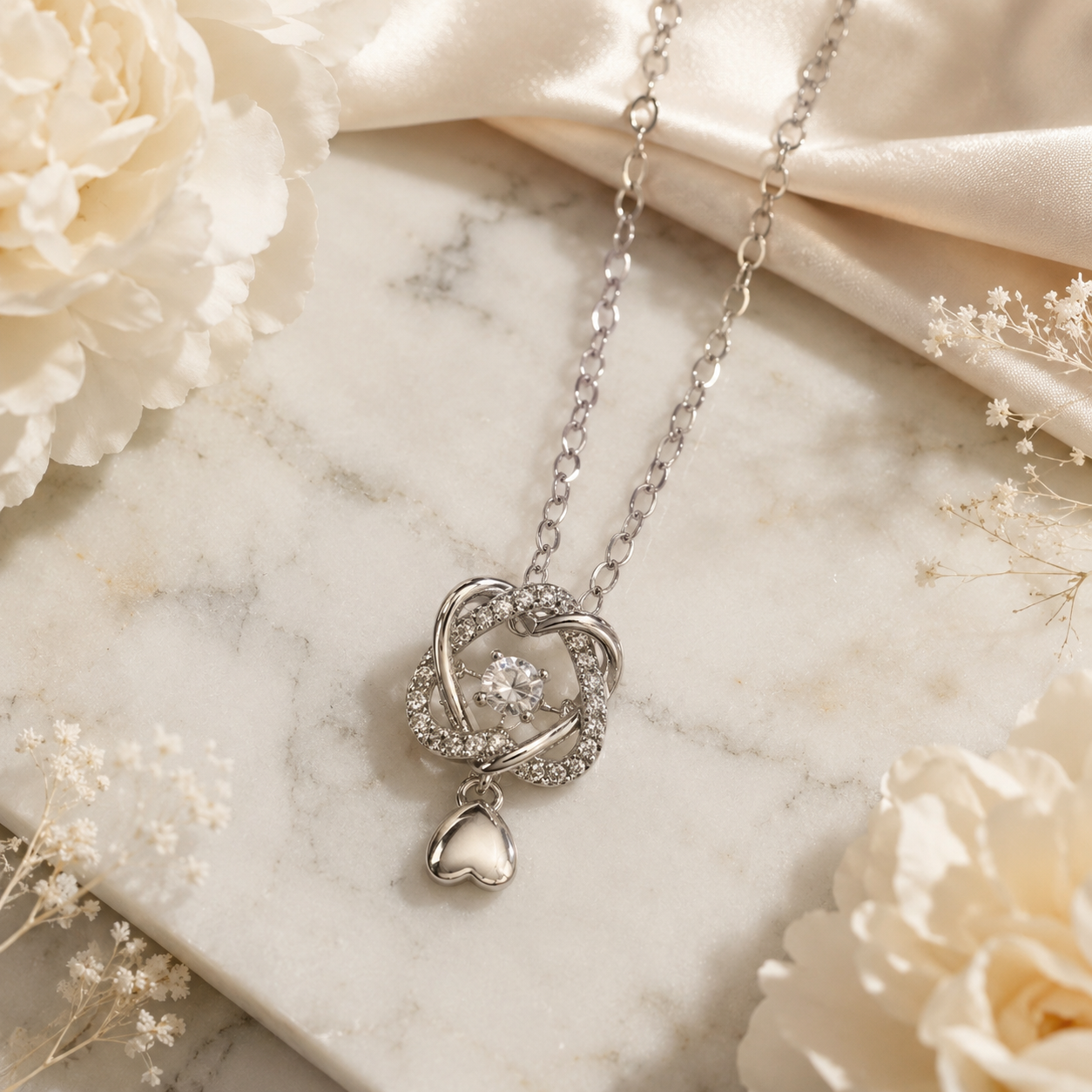 Eternal Spark Crystal Love-Knot Heart Pendant Necklace for Women & Girls | Premium Silver-Tone Stainless Steel Statement Jewellery for Daily Wear, Party Wear & Gifting