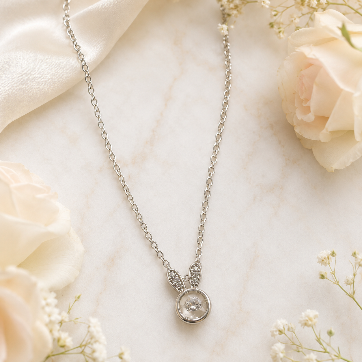 Luna Bunny Spark Crystal Pendant Necklace for Women & Girls | Premium Silver-Tone Stainless Steel Rabbit Ear Necklace for Daily Wear, Party Wear & Gifting