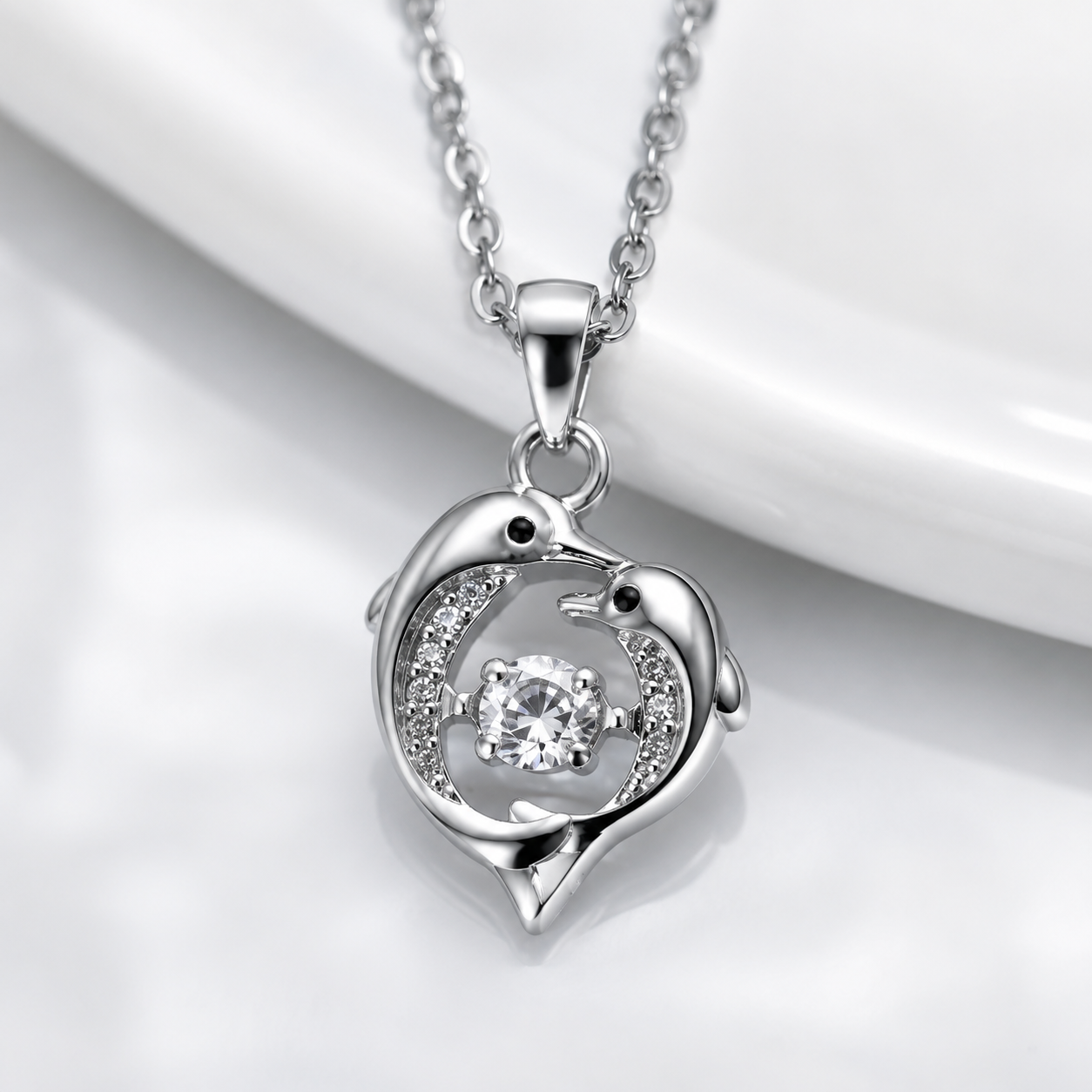 Eternal Ocean Love Dancing Crystal Dolphin Heart Pendant Necklace for Women & Girls | Premium Silver-Tone Stainless Steel Couple Dolphin Jewellery for Daily Wear, Party Wear & Gifting