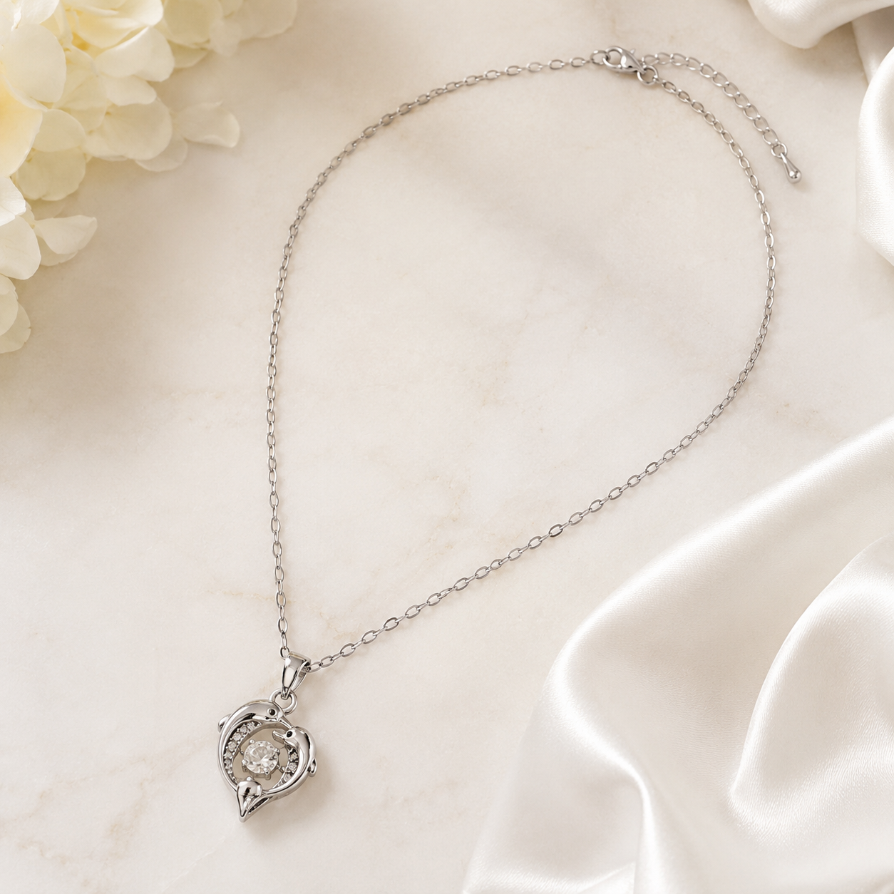 Eternal Ocean Love Dancing Crystal Dolphin Heart Pendant Necklace for Women & Girls | Premium Silver-Tone Stainless Steel Couple Dolphin Jewellery for Daily Wear, Party Wear & Gifting