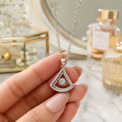 Premium Silver-Toned Geometric Fan Pendant Necklace for Women & Girls | Sparkling Solitaire Crystal Charm with Stone-Studded Frame | Elegant Stainless-Steel Fashion Jewellery for Party, Wedding, Anniversary, Birthday & Gifting
