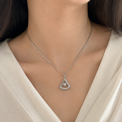Premium Silver-Toned Geometric Fan Pendant Necklace for Women & Girls | Sparkling Solitaire Crystal Charm with Stone-Studded Frame | Elegant Stainless-Steel Fashion Jewellery for Party, Wedding, Anniversary, Birthday & Gifting