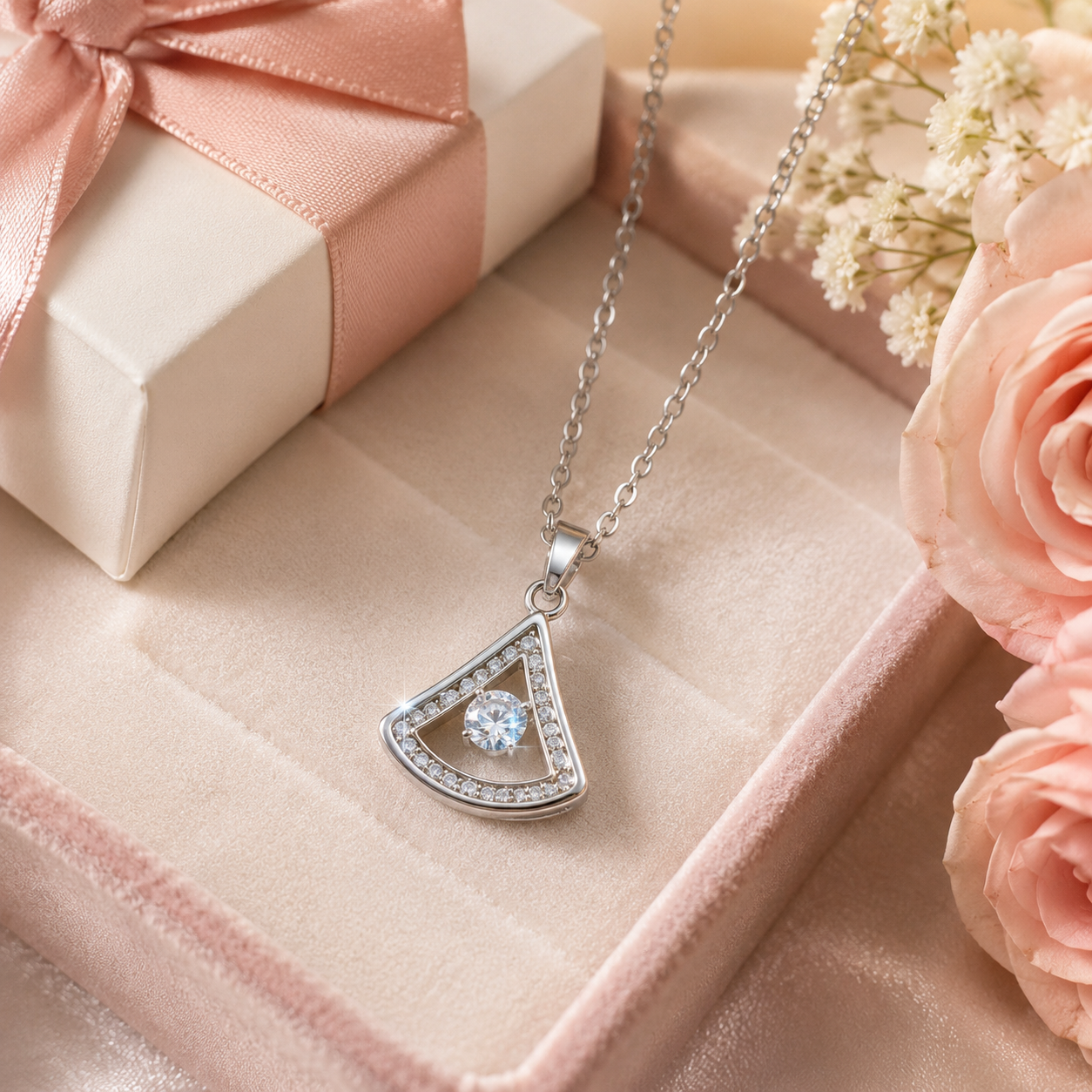 Premium Silver-Toned Geometric Fan Pendant Necklace for Women & Girls | Sparkling Solitaire Crystal Charm with Stone-Studded Frame | Elegant Stainless-Steel Fashion Jewellery for Party, Wedding, Anniversary, Birthday & Gifting