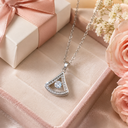 Premium Silver-Toned Geometric Fan Pendant Necklace for Women & Girls | Sparkling Solitaire Crystal Charm with Stone-Studded Frame | Elegant Stainless-Steel Fashion Jewellery for Party, Wedding, Anniversary, Birthday & Gifting