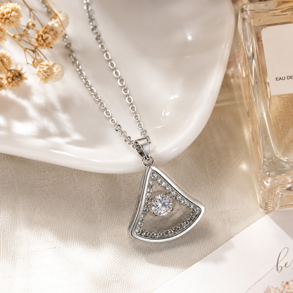 Premium Silver-Toned Geometric Fan Pendant Necklace for Women & Girls | Sparkling Solitaire Crystal Charm with Stone-Studded Frame | Elegant Stainless-Steel Fashion Jewellery for Party, Wedding, Anniversary, Birthday & Gifting