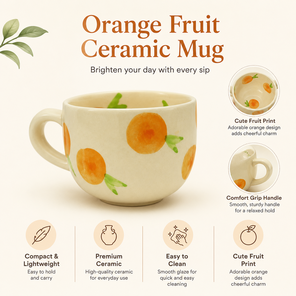 Aesthetic Orange Fruit Print Ceramic Coffee Mug for Tea & Coffee