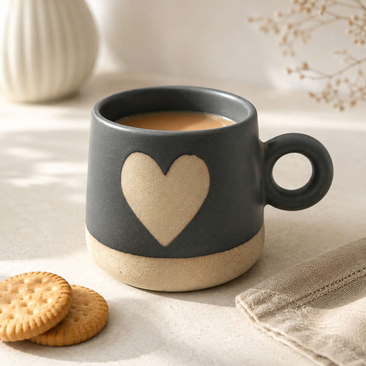 Premium Matte Grey Heart Ceramic Coffee Mug with Round Handle for Tea, Coffee, Milk, Home, Office & Gifting