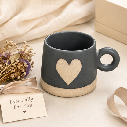 Premium Matte Grey Heart Ceramic Coffee Mug with Round Handle for Tea, Coffee, Milk, Home, Office & Gifting