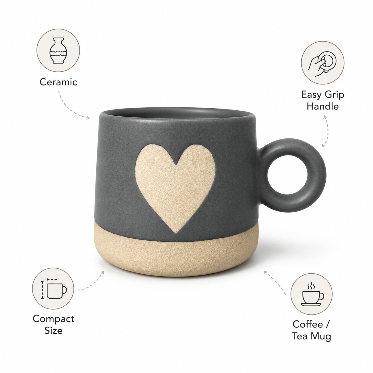 Premium Matte Grey Heart Ceramic Coffee Mug with Round Handle for Tea, Coffee, Milk, Home, Office & Gifting