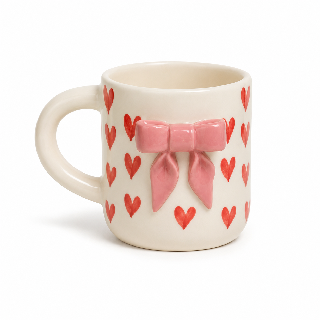Aesthetic 3D Pink Bow & Red Heart Ceramic Coffee Mug for Women and Girls | Cute Coquette Tea Cup for Home, Office, Birthday & Valentine Gifting