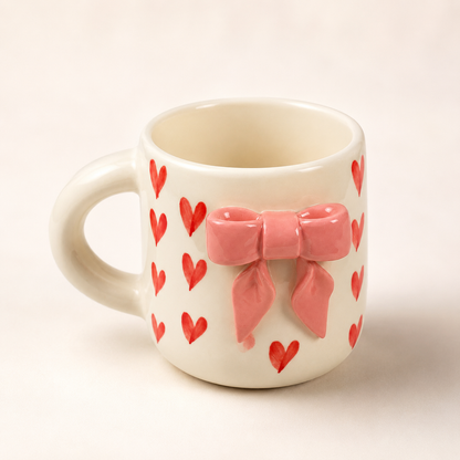 Aesthetic 3D Pink Bow & Red Heart Ceramic Coffee Mug for Women and Girls | Cute Coquette Tea Cup for Home, Office, Birthday & Valentine Gifting