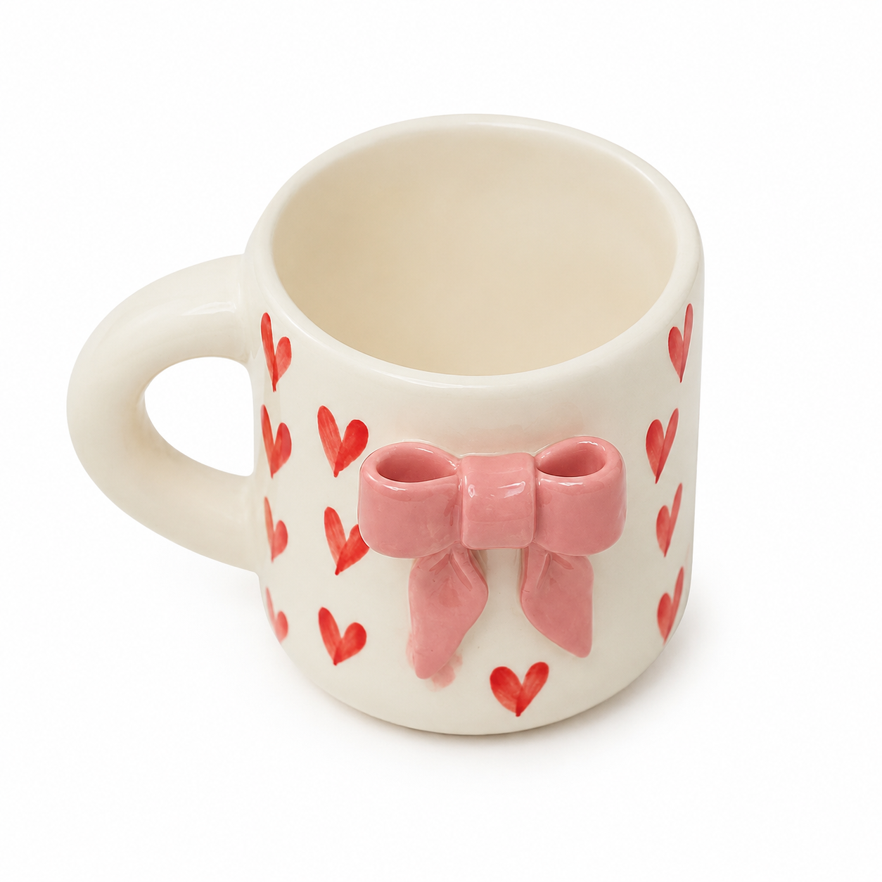 Aesthetic 3D Pink Bow & Red Heart Ceramic Coffee Mug for Women and Girls | Cute Coquette Tea Cup for Home, Office, Birthday & Valentine Gifting