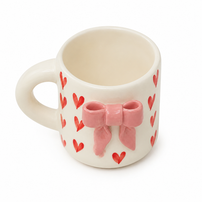 Aesthetic 3D Pink Bow & Red Heart Ceramic Coffee Mug for Women and Girls | Cute Coquette Tea Cup for Home, Office, Birthday & Valentine Gifting