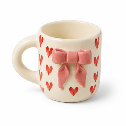 Aesthetic 3D Pink Bow & Red Heart Ceramic Coffee Mug for Women and Girls | Cute Coquette Tea Cup for Home, Office, Birthday & Valentine Gifting