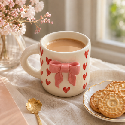 Aesthetic 3D Pink Bow & Red Heart Ceramic Coffee Mug for Women and Girls | Cute Coquette Tea Cup for Home, Office, Birthday & Valentine Gifting