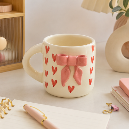 Aesthetic 3D Pink Bow & Red Heart Ceramic Coffee Mug for Women and Girls | Cute Coquette Tea Cup for Home, Office, Birthday & Valentine Gifting