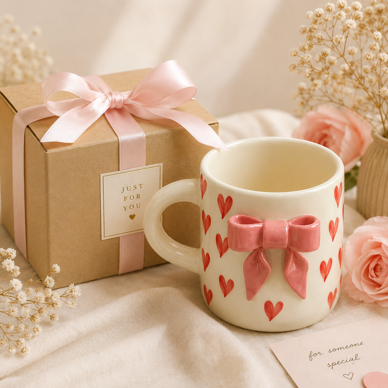 Aesthetic 3D Pink Bow & Red Heart Ceramic Coffee Mug for Women and Girls | Cute Coquette Tea Cup for Home, Office, Birthday & Valentine Gifting