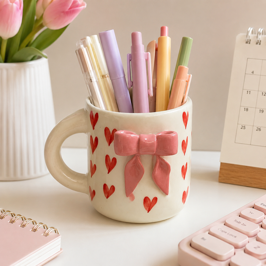 Aesthetic 3D Pink Bow & Red Heart Ceramic Coffee Mug for Women and Girls | Cute Coquette Tea Cup for Home, Office, Birthday & Valentine Gifting