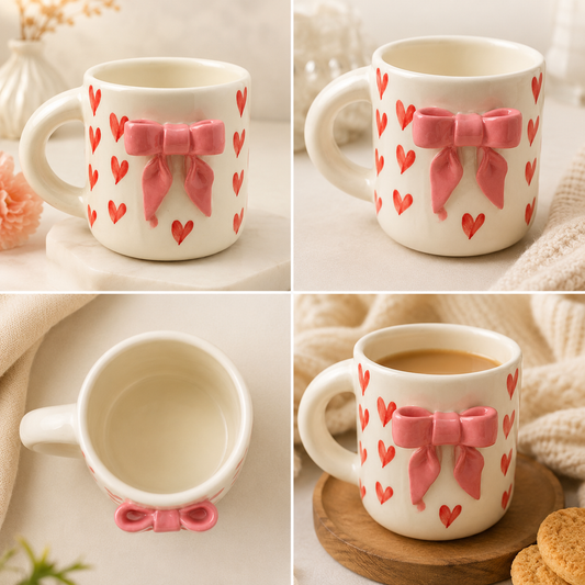 Aesthetic 3D Pink Bow & Red Heart Ceramic Coffee Mug for Women and Girls | Cute Coquette Tea Cup for Home, Office, Birthday & Valentine Gifting