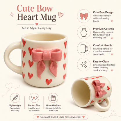 Aesthetic 3D Pink Bow & Red Heart Ceramic Coffee Mug for Women and Girls | Cute Coquette Tea Cup for Home, Office, Birthday & Valentine Gifting