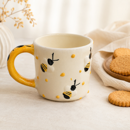 Ceramic Coffee Mug for Women & Girls | Cute Bee Design Mug with Yellow Handle | Tea & Coffee Mug for Home, Office & Gifting