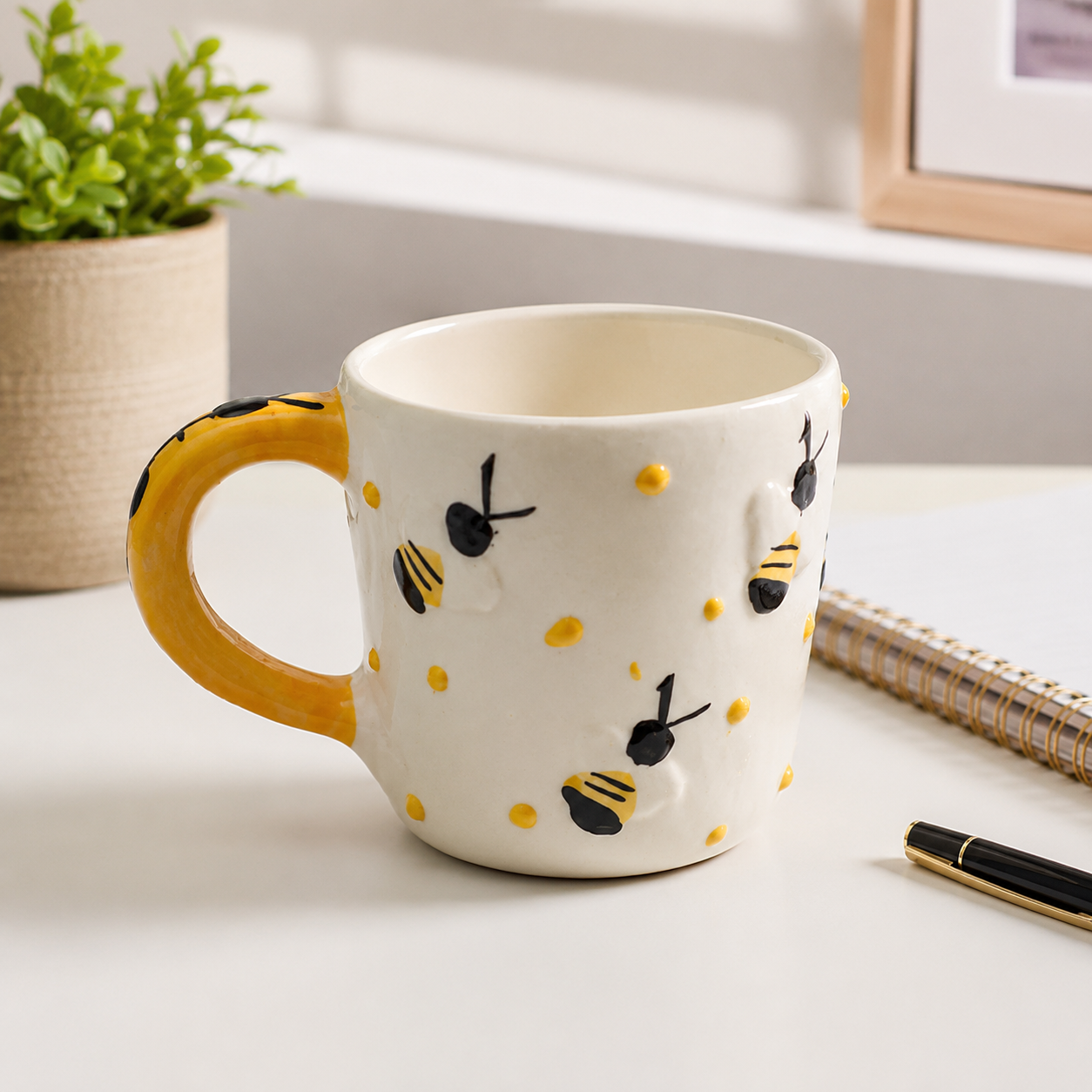 Ceramic Coffee Mug for Women & Girls | Cute Bee Design Mug with Yellow Handle | Tea & Coffee Mug for Home, Office & Gifting