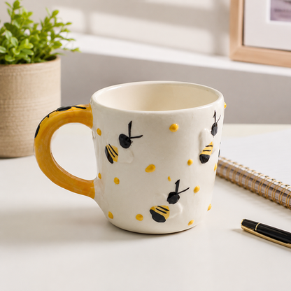 Ceramic Coffee Mug for Women & Girls | Cute Bee Design Mug with Yellow Handle | Tea & Coffee Mug for Home, Office & Gifting