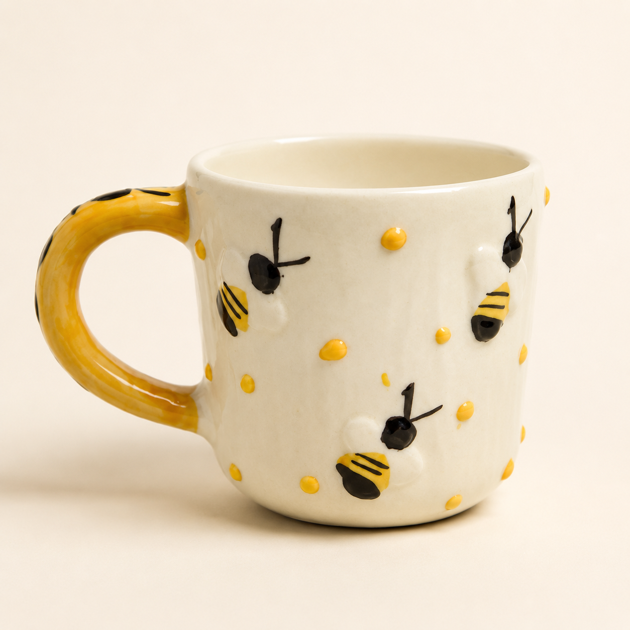 Ceramic Coffee Mug for Women & Girls | Cute Bee Design Mug with Yellow Handle | Tea & Coffee Mug for Home, Office & Gifting