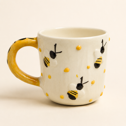 Ceramic Coffee Mug for Women & Girls | Cute Bee Design Mug with Yellow Handle | Tea & Coffee Mug for Home, Office & Gifting