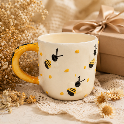 Ceramic Coffee Mug for Women & Girls | Cute Bee Design Mug with Yellow Handle | Tea & Coffee Mug for Home, Office & Gifting