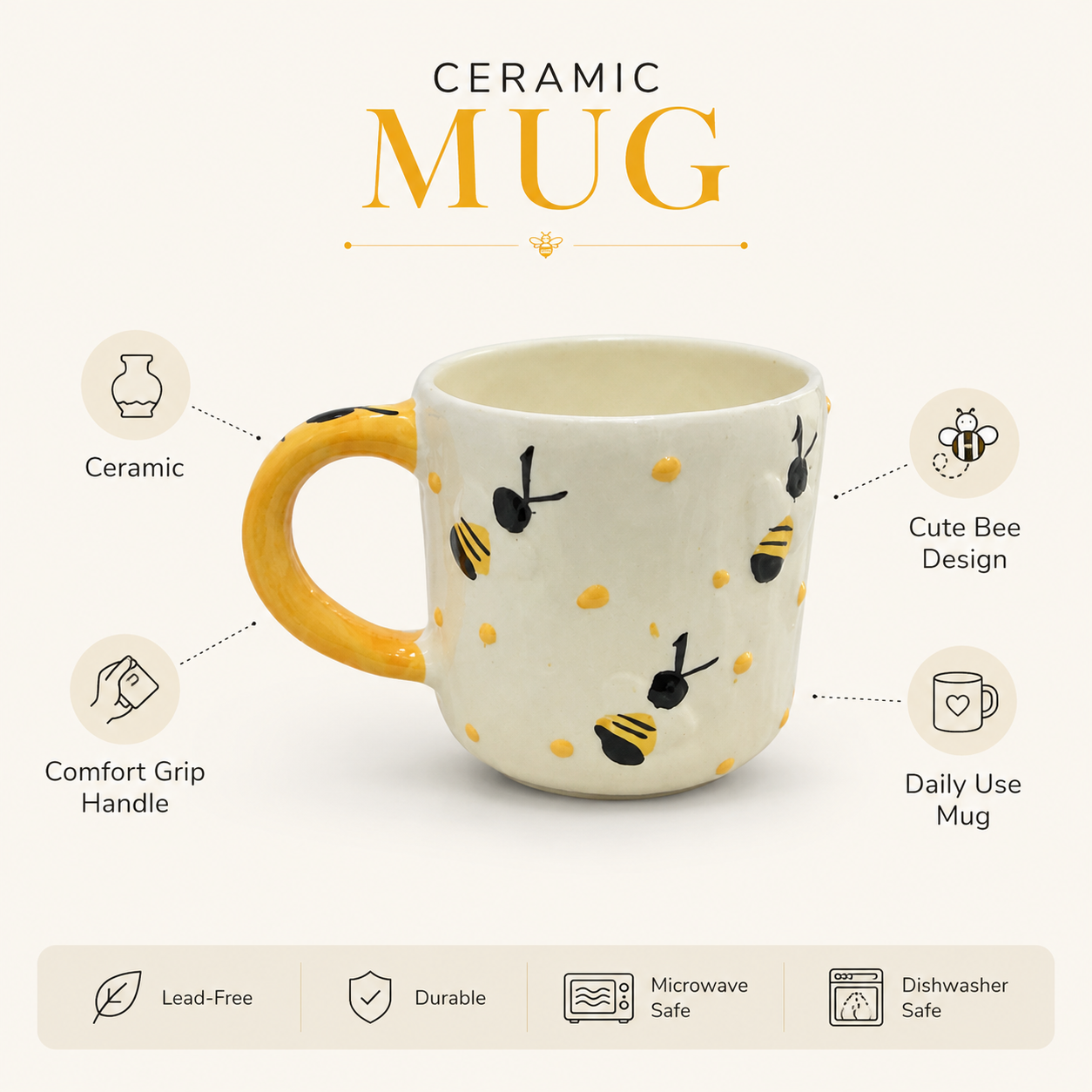 Ceramic Coffee Mug for Women & Girls | Cute Bee Design Mug with Yellow Handle | Tea & Coffee Mug for Home, Office & Gifting