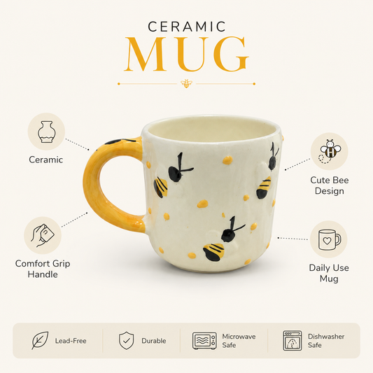 Ceramic Coffee Mug for Women & Girls | Cute Bee Design Mug with Yellow Handle | Tea & Coffee Mug for Home, Office & Gifting