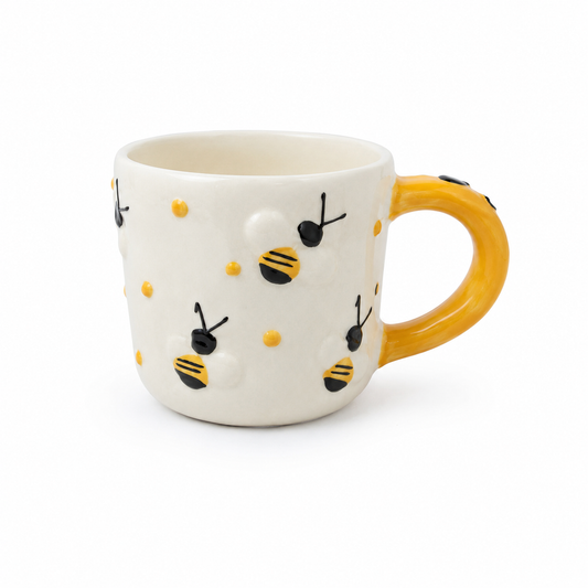 Ceramic Coffee Mug for Women & Girls | Cute Bee Design Mug with Yellow Handle | Tea & Coffee Mug for Home, Office & Gifting