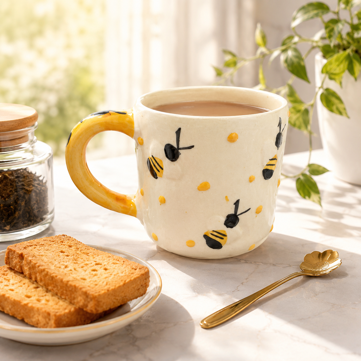 Ceramic Coffee Mug for Women & Girls | Cute Bee Design Mug with Yellow Handle | Tea & Coffee Mug for Home, Office & Gifting