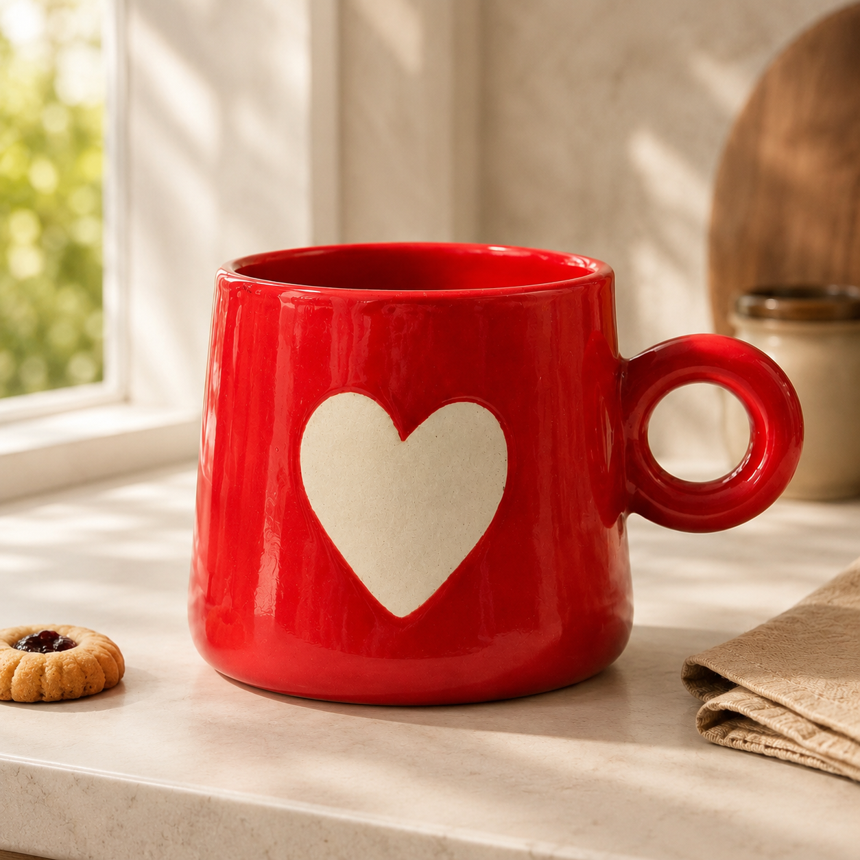 Coffee Mug, Red Heart Design Ceramic Mug with Round Ring Handle, Glossy Tea & Coffee Mug for Couples, Men & Women, Home, Office and Gifting