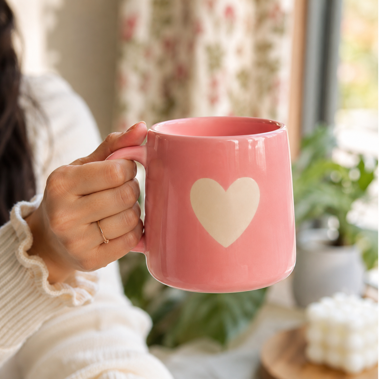 Coffee Mug, Pink Heart Design Ceramic Mug with Glossy Finish and Comfortable Handle, Tea & Coffee Mug for Women, Girls, Home, Office, Birthday & Valentine Gifting