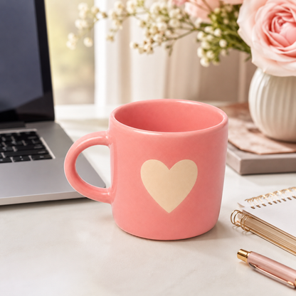 Coffee Mug, Pink Heart Design Ceramic Mug with Glossy Finish and Comfortable Handle, Tea & Coffee Mug for Women, Girls, Home, Office, Birthday & Valentine Gifting