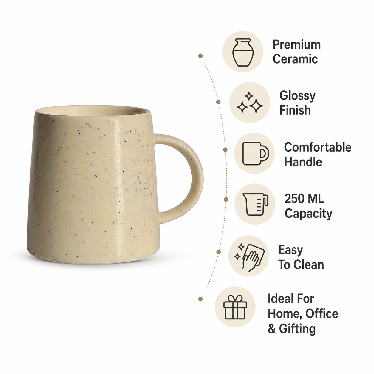 Coffee Mug, 400 ml Beige Speckled Ceramic Mug with Glossy Finish and Comfortable Handle, Tea & Coffee Mug for Home, Office & Gifting