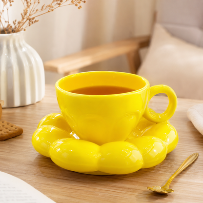 Coffee Cup and Saucer Set, Yellow Ceramic Tea Coffee Cup with Flower-Shaped Saucer, Glossy Ring Handle Cup for Women, Home, Office & Gifting